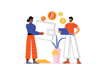 Cryptocurrency mining icons concept with people scene in the flat cartoon design. Two economists evaluate the cryptocurrency market and its development. Vector illustration.