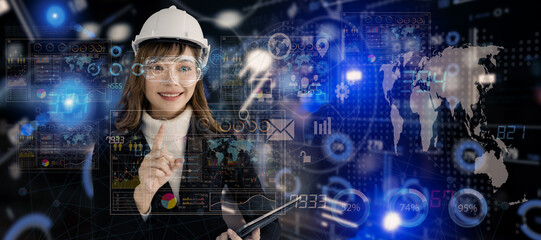 Future building construction engineering and technology project concept. double exposure graphic with engineer using digital tablet and smart industry and IOT software to control operation.