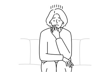Unhappy young woman sit on couch crying suffering from depression or loneliness. Upset female distressed with solitude or breakup. Vector illustration. 