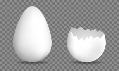 Realistic 3d eggs. Large egg and cracked egg. Vector illustration isolated on transparent background