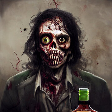 Zombies drink alcohol. Zombie is an alcoholic. Concept on the topic of the harmfulness of alcohol.