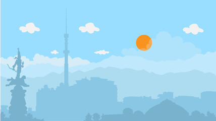 Vector illustration of the city skyline. City landscape with mountains. Daytime cityscape in flat style.