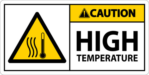 Caution High temperature symbol and text safety sign.