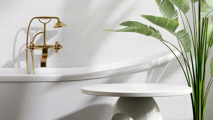 White round ceramic side table by bathtub, tropical banana tree in luxury design bathroom in...