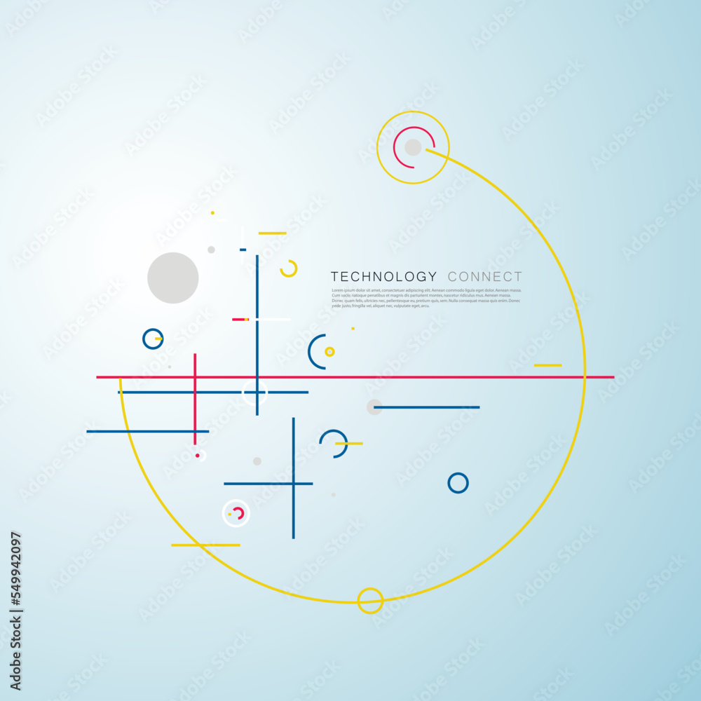Poster Vector future geometry connect. Abstract simple visual creative illustration. Circular elements. Creative pattern with abstract geometric objects. Modern design with dots and lines and dotted circles