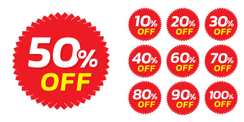 Discount sale off the tag 10, 20, 30, 40, 50, 60, 70, 80, 90 percent. Promotion red sticker  with discount offer, clearance, emblem, special offer tag sticker design element. Flat vector illustration