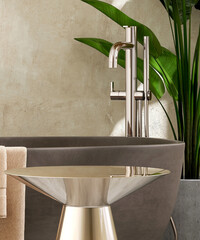 Gold side table podium, brown bathtub and banana tree in luxury design bathroom in sunlight from...