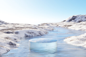 Abstact 3d render winter scene and Natural podium background, Ice podium on the ice river backdrop clear sky and snow mountain for product display advertising cosmetic products, skincare or etc