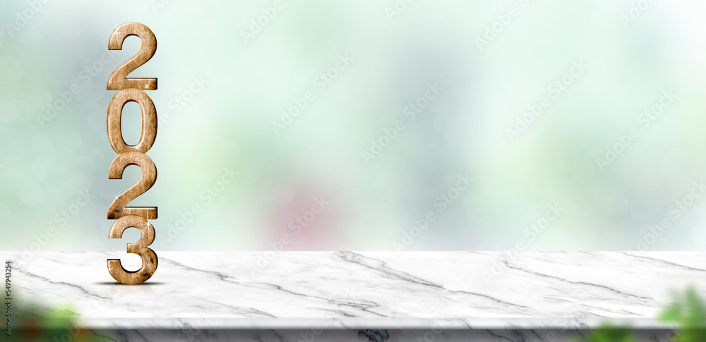 Poster new year 2023 wood number (3d rendering) on marble table at blur abstract green tree garden bokeh ba