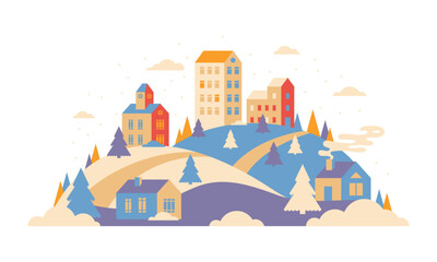 Urban landscape in geometric minimal flat style. New year and Christmas winter city on hills, falling snow and fir trees