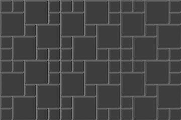 Black multi pinwheel tile pattern. Kitchen backsplash mosaic surface. Bathroom, shower or toilet floor decoration. Pavement texture. Stone or ceramic brick wall background. Vector flat illustration