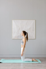 Young athletic woman practices yoga in the studio. yoga class. High quality photo