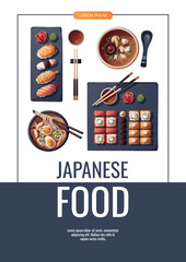 Flyer design with Sushi, Miso soup, ramen. Japanese food, healthy eating, cooking, menu concept. Vector illustration. Banner, promo, flyer, advertising.