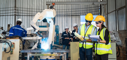 Team of Engineers is controlling robot arm machine welding steel, worker using forcing welding with a control screen which is used for precision welding control.