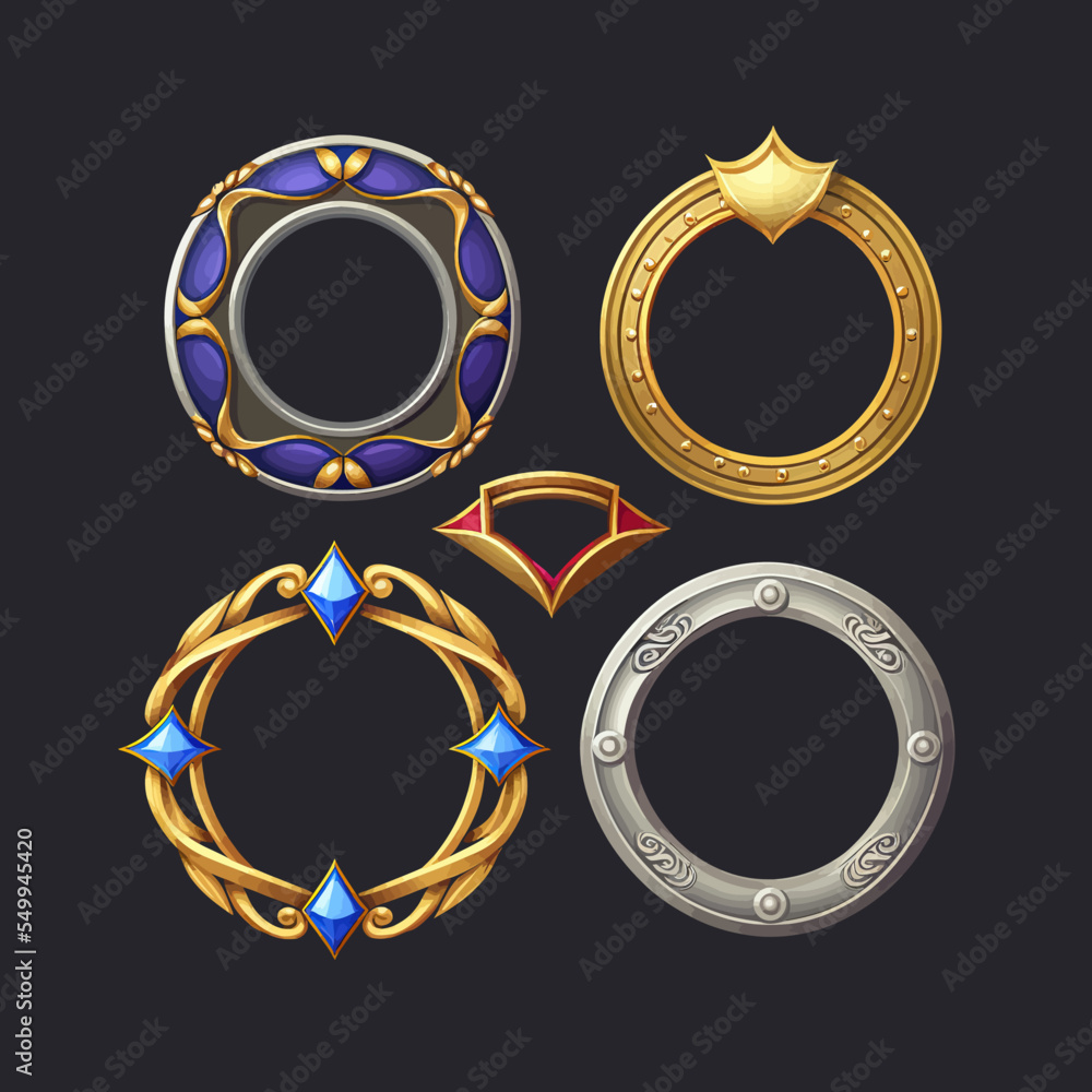 Poster empty circle silver and gold frames in medieval style for game ui design. a beautiful fantastic chil