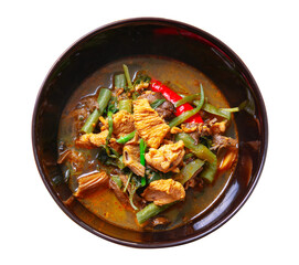 Kaeng Pa with Chicken Breast (Kaeng Pa) , Kaeng Khae with Roasted Rice and Vegetables isolated on white background, popular local Thai food,