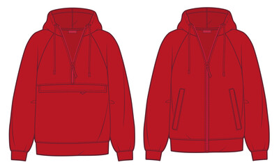 Unisex Hoodie technical fashion illustration. Sweatshirt fashion flat technical drawing template, raglan sleeve, zip-up, pocket, front and back view, red color, women, men, unisex cad mockup set. © Liubov Hladka