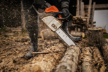 Cropped picture of a woodcutter cutting wood with chainsaw.