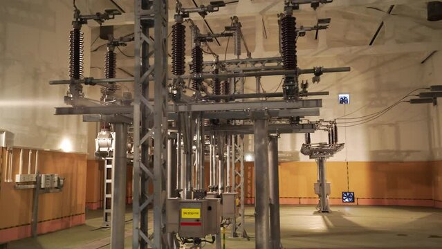 Transformer system, line of electric transmissions, the process of energy conversion and transportation electricity, industrial view.