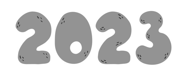 New Year grey number 2023 in Cartoon Doodle Hand drawn Style. Vector christmas