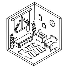 contemporary living room vector outline icon design, space saving sketch, Interior Decoration Sign, portable home office room stock illustration, Traditional Style Sitting Area Concept
