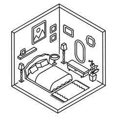 Domestic Motel Room vector outline icon design, space saving sketch, Interior Decoration Sign, portable home office rooms stock illustration, Designers Decorated Room Concept