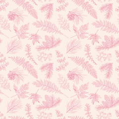 Seamless botanical pattern with fir and pine branches, cones, fern and leaves. Winter Christmas print. Pink ornament for wrapping paper, textiles, wallpaper. Vector sweet illustration