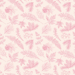 Seamless botanical pattern with fir and pine branches, cones, fern and leaves. Winter Christmas print. Pink ornament for wrapping paper, textiles, wallpaper. Vector sweet illustration