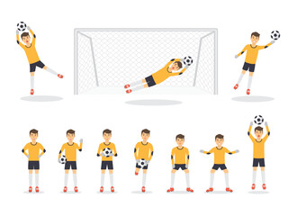 Soccer sport athletes, football goalkeeper playing, kicking, training and practicing football.