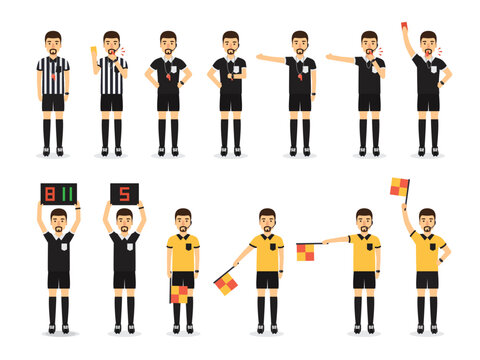 Soccer referees, football referees in actions on white background.