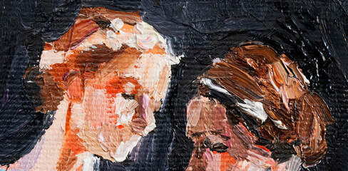 .Oil painting. Portraits with two girls. Made in a classic style. The background is black.