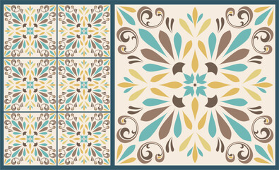 Seamless tile with Islam, Arabic, Indian, ottoman motifs. Majolica pottery tile. Portuguese and Spain azulejo. Ceramic tile in talavera style. Vector illustration.