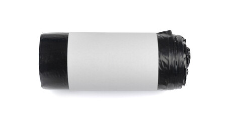 Garbage Bag Roll Isolated. Trash Package, New Rolled Plastic Bin Bags, Black Polyethylene Waste Container