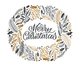 Seasons greetings. Happy winter holidays postcard. Merry Christmas and happy new year lettering. Holly jolly. Merry and bright. 