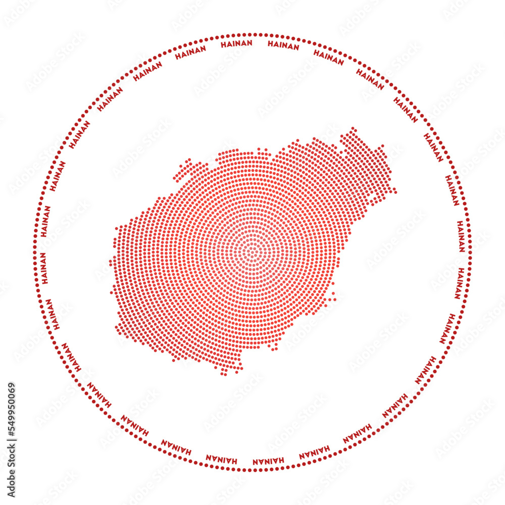 Poster hainan round logo. digital style shape of hainan in dotted circle with island name. tech icon of the