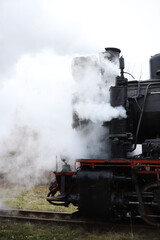 Fototapeta na wymiar an old retro steam locomotive black with red rides and steam comes out of the pipes. for introductory instructions books and booklets and more