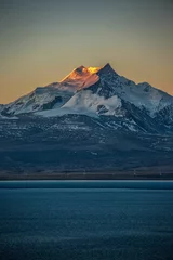 No drill light filtering roller blinds Shishapangma Vertical shot of the Pekucuo lake and Shishapangma snowy mountains during sunrise in Xigaze, China