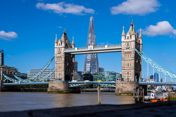 Fototapeta na wymiar View of the famous Tower Bridge and skyline of London, UK