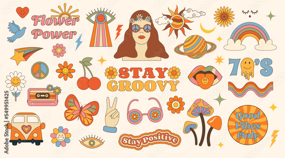 Wall mural big set of vintage groovy psychedelic character elements 70s style. retro hippie bundle cartoon symb