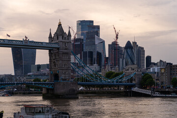 Tower Bridge And The City Of London at Sunset, London, England, United Kingdom,