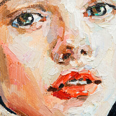 Art painting. Portrait of a girl with red lips is made in a classic style. Background is grey.