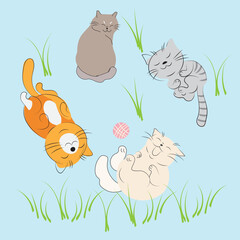 Funny cats playing in a clearing, Sketch drawing, Vintage style, Suitable for postcards, cards, children's illustrations. Vector