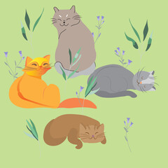 Cats are resting in a clearing, Sketch drawing, Vintage style, Suitable for postcards, cards, children's illustrations. Vector