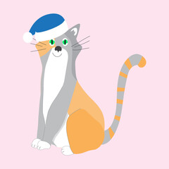 A hand-drawn happy cat, tricolor, bringing happiness. A Christmas character for children.Sketch drawing, suitable for postcards, greetings, invitations, stickers and stickers. Vector