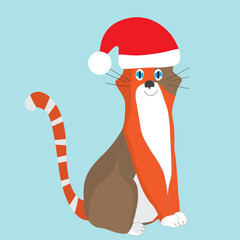 A hand-drawn happy cat, tricolor, bringing happiness. A Christmas character for children.Sketch drawing, suitable for postcards, greetings, invitations, stickers and stickers. Vector