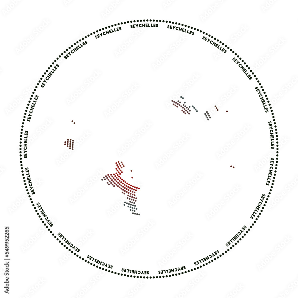 Poster seychelles round logo. digital style shape of seychelles in dotted circle with island name. tech ico