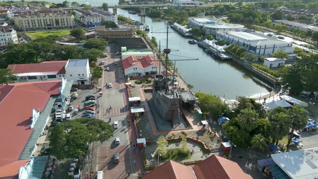 Aerial view of Flor do Mar ship replica at Maritime Museum in Malacca, Malaysia