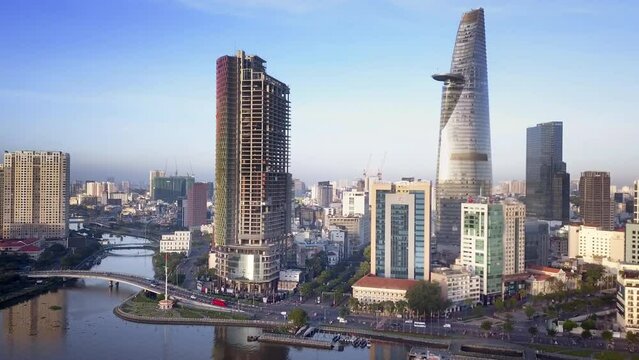 2023 aerial footage Ho Chi Minh City Saigon central district office building skyline