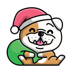 A CUTE BULLDOG WITH A SANTA HAT AND CARRYING A PRESENT BAG