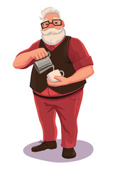 Character christmas Illustration barista santa claus standing with coffee. Vector cartoon illustration isolated on white background.
